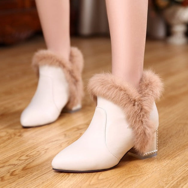 Women's faux fur winter warm block heels ankle boots Fuzzy pointed toe chelsea booties