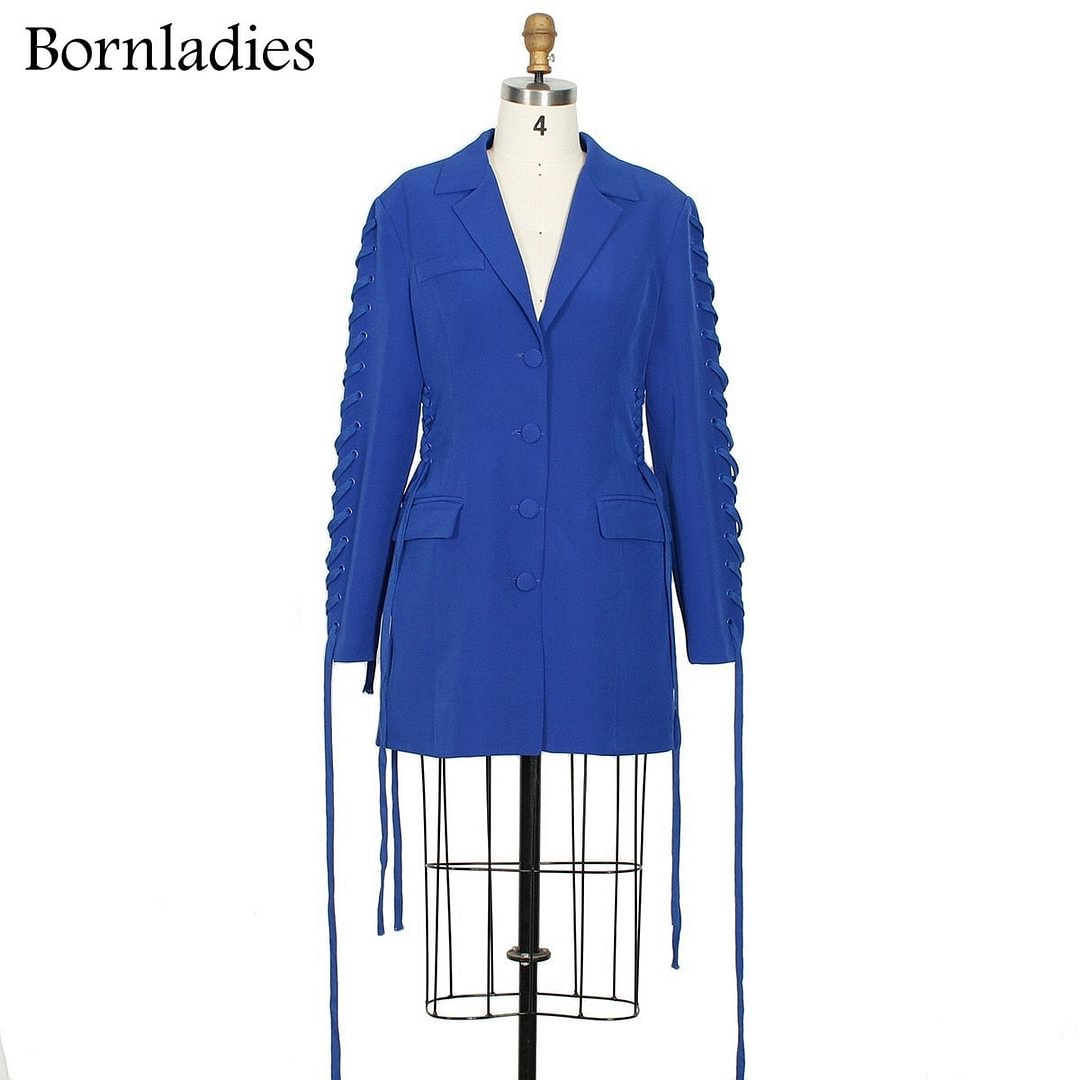 Bornladies Blazer Dress Women Elegant Fashion Luxury Blue Single Breasted Button Pocket Notched Slim High Quality Blazer Clothes