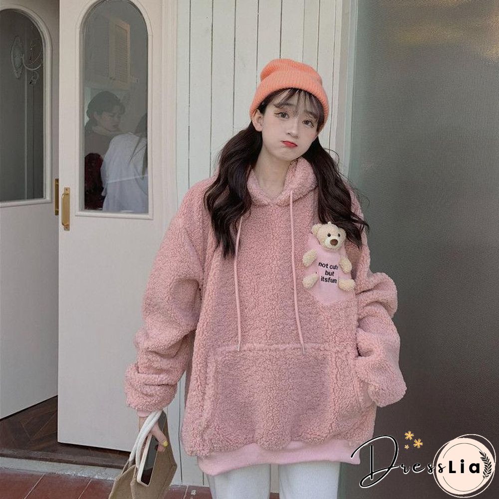 Kawaii Bear Fleece Winter Women Sweatshirts Hoodies Fashion Cute Doll Pullover Oversized Casual Loose Warm Clothes Streetwear