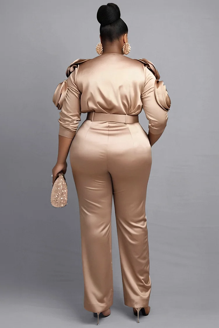 Xpluswear Design Plus Size Formal Champagne V Neck 3/4 Sleeve 3D Pocket Satin Jumpsuits [Pre-Order]