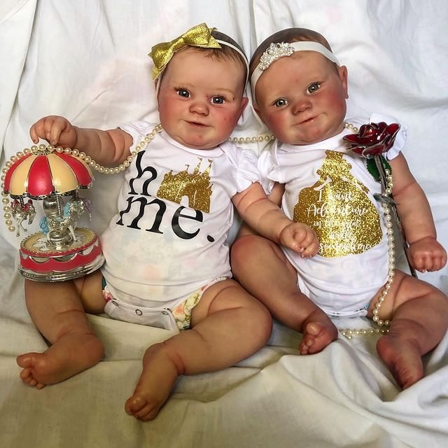 [New!]20" Cute Lifelike Handmade Silicone Smile Reborn Twin Sisters Baby Doll Set,Creative Gift