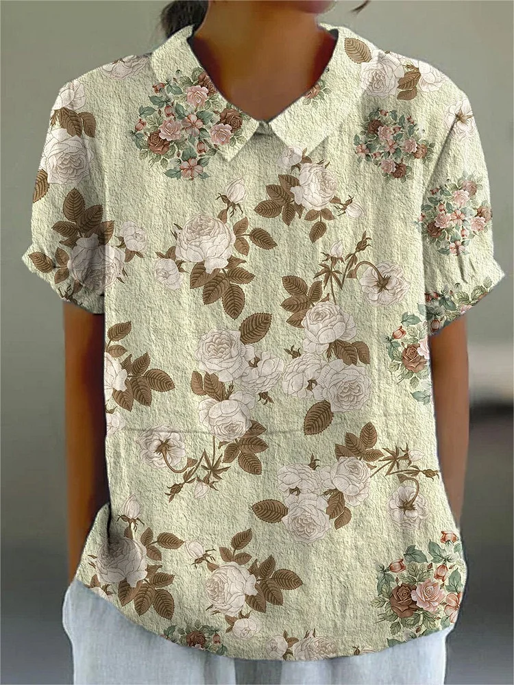 Women's Vintage Engraved Rose Floral Print Casual Cotton and Linen Shirt