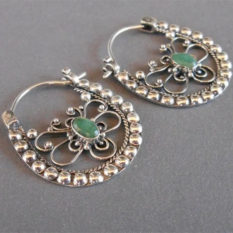 Vintage Metal Craftsman Carved Butterfly Earrings with Green Stone Ladies Hook Drop Earrings