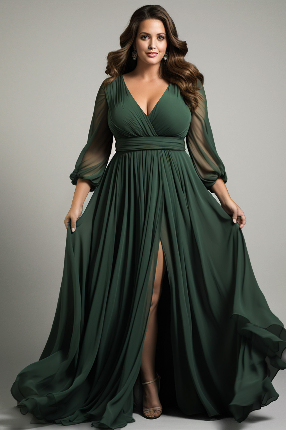 Flycurvy Plus Size Mother Of The Bride Dark Green Chiffon Wrap Lantern Sleeve Split Maxi Dress 2024 - Flycurvy 