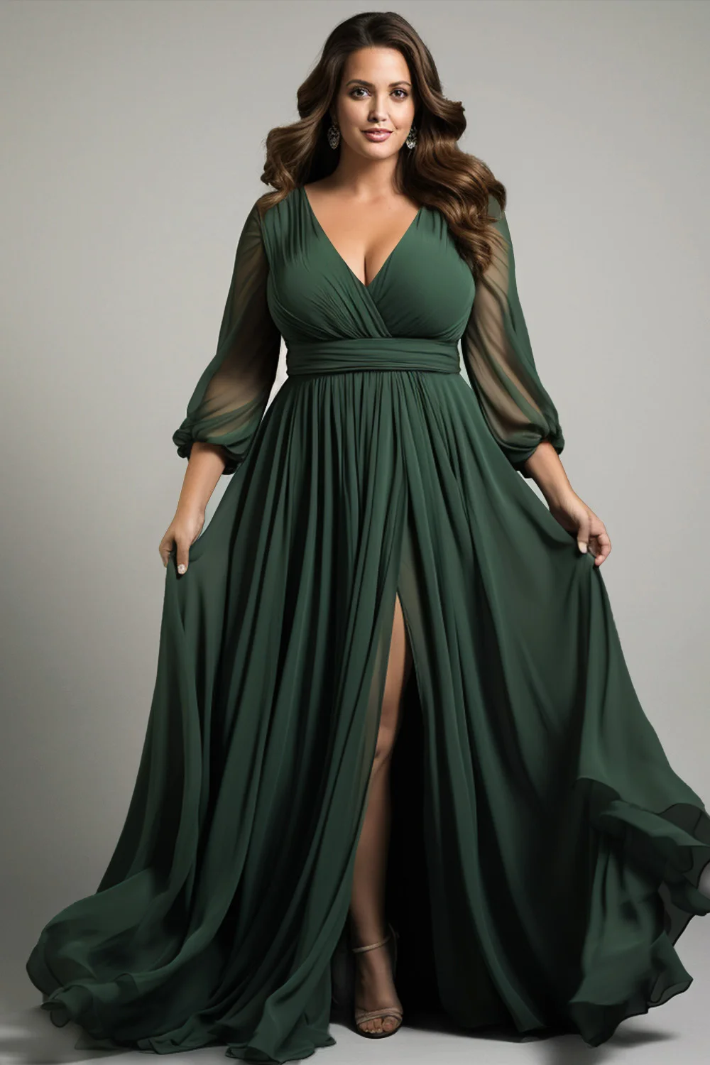 Flycurvy Plus Size Mother Of The Bride Dark Green Chiffon Wrap Lantern  Sleeve Split Maxi Dress- Flycurvy