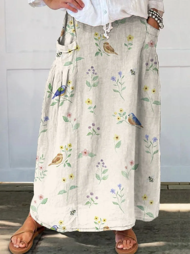 Elegant Simple Floral Sparrow Printed Women's Casual Cotton And Linen Skirt
