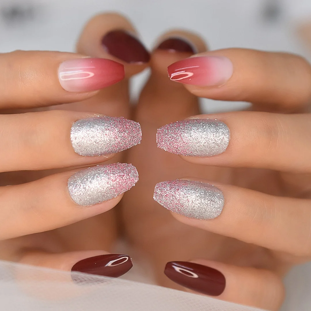 Medium Nude Natural False Nails Square Shimmer Glitter Decorative Flower Grace White Gradient Ombre Artificial Nail Art Tips-Nail Inspo