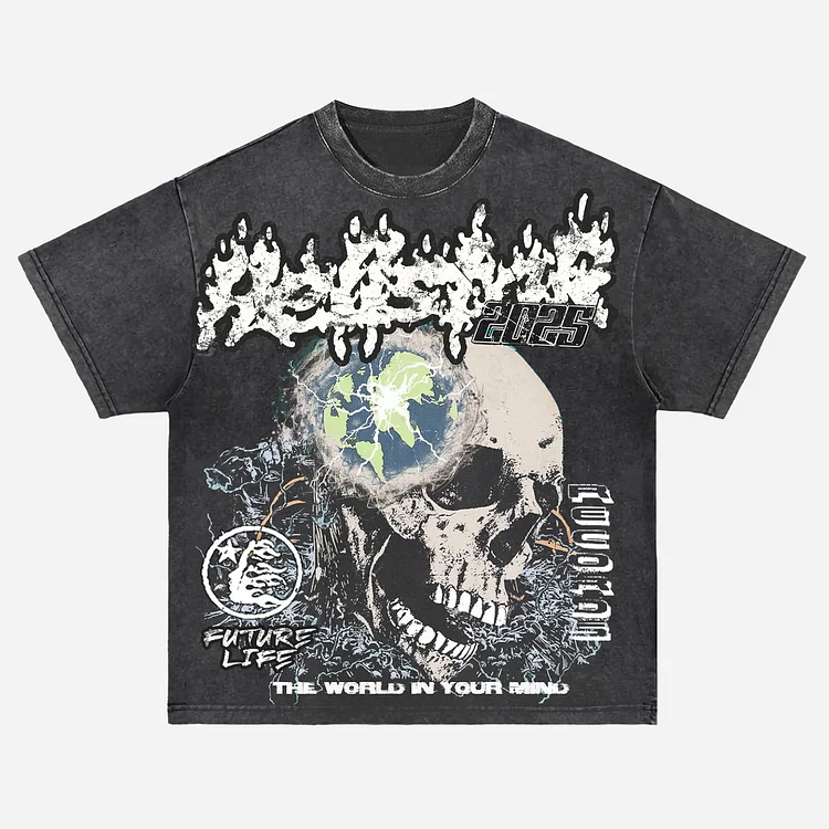 Hellstar Future World 2025 Skull Graphic Acid Wash T-shirt