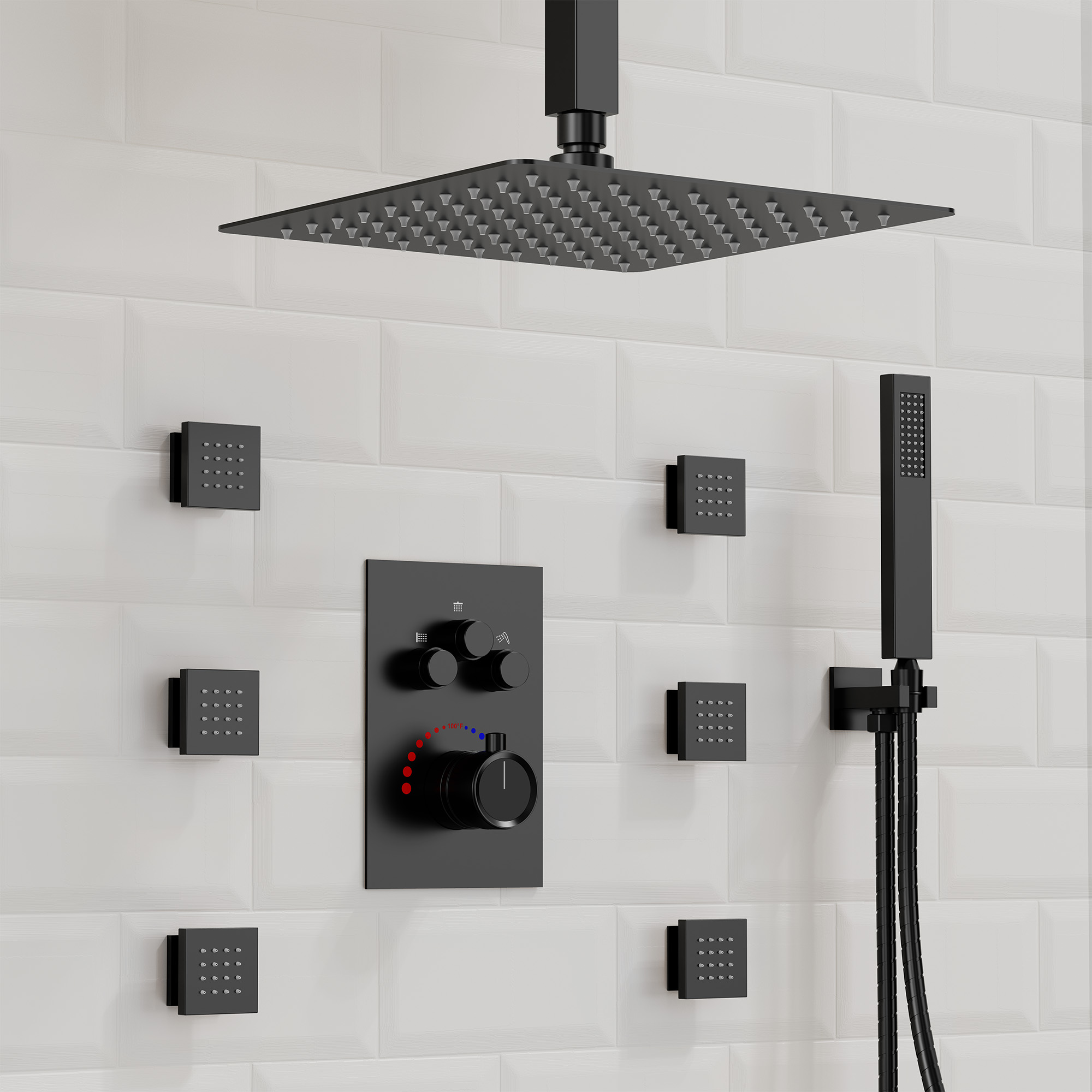 Thermostatic Shower Faucet with Rough-in Valve Rainfall Shower System Ceiling Mounted with 6 Massage Body Jets and Handheld Sprayer, Matte Black
