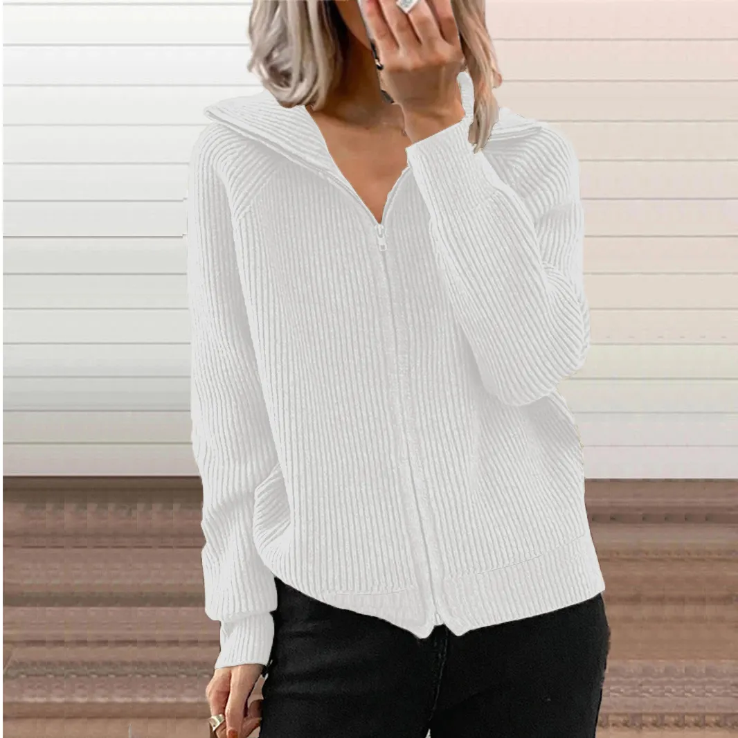 Churchf Churchf Winter New Striped Casual Coat Loose Sweater Zipper Cardigan Long Sleeve Lapel Sweater Woman