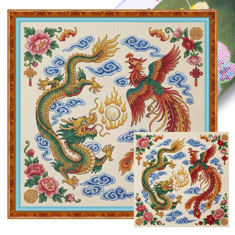 【Huacan Brand】Dragon And Phoenix 45*45cm 14CT Stamped Canvas Cross Stitch gbfke