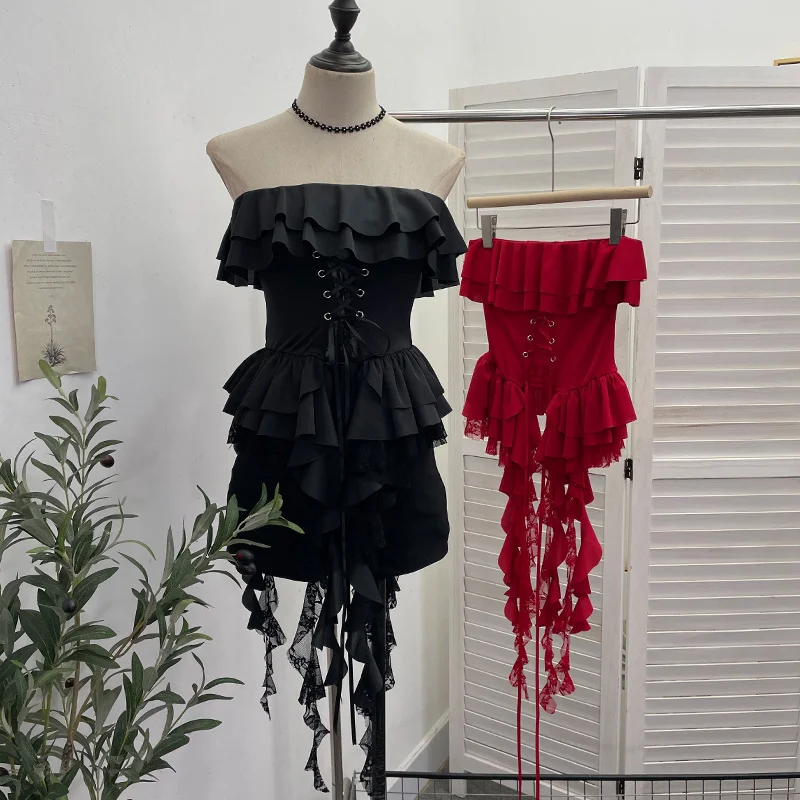 Nigikala Nigikala Shooting Hottie Belt Lotus Side Splicing Lace Bra Vest Word Shoulder Ribbon Short Coat 8013