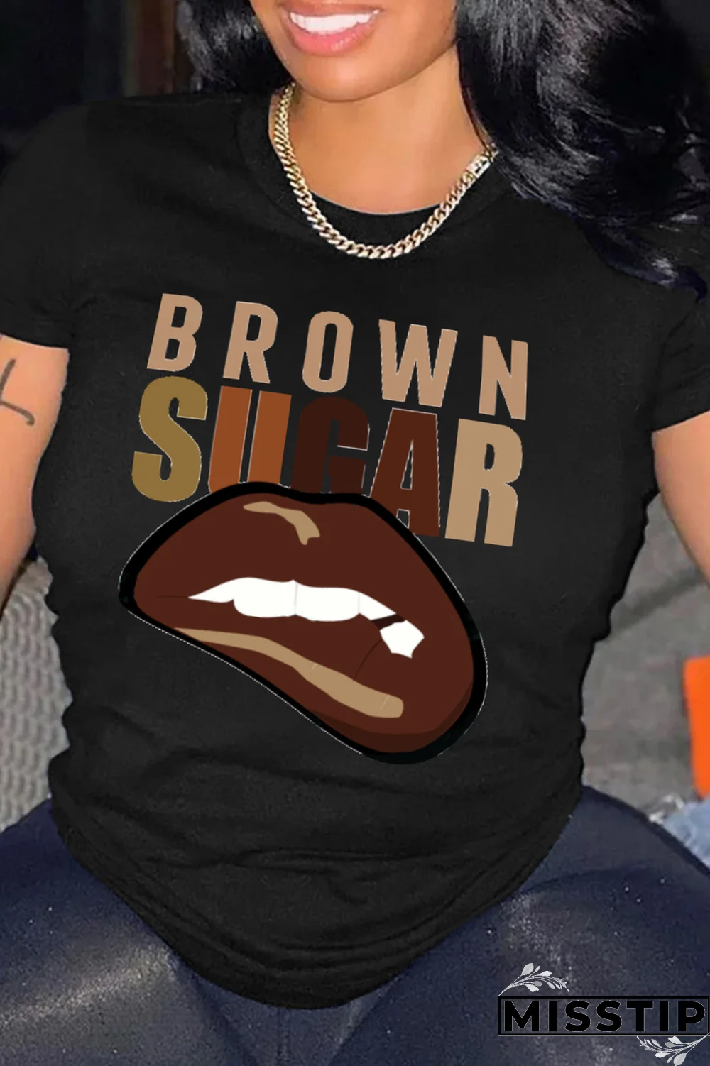 White Casual Daily Lips Printed Patchwork Letter O Neck T-Shirts