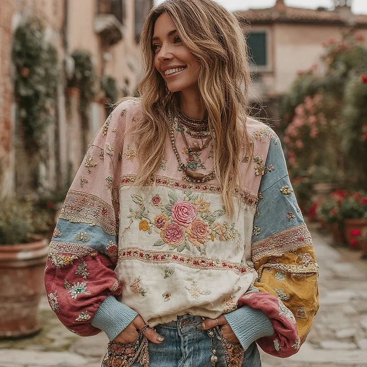 Women's Retro Floral Pattern Comfortable Warm Crew Neck Sweatshirt