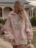 Women's Vintage Floral Embroidered Art Comfort Hooded Mini Dress