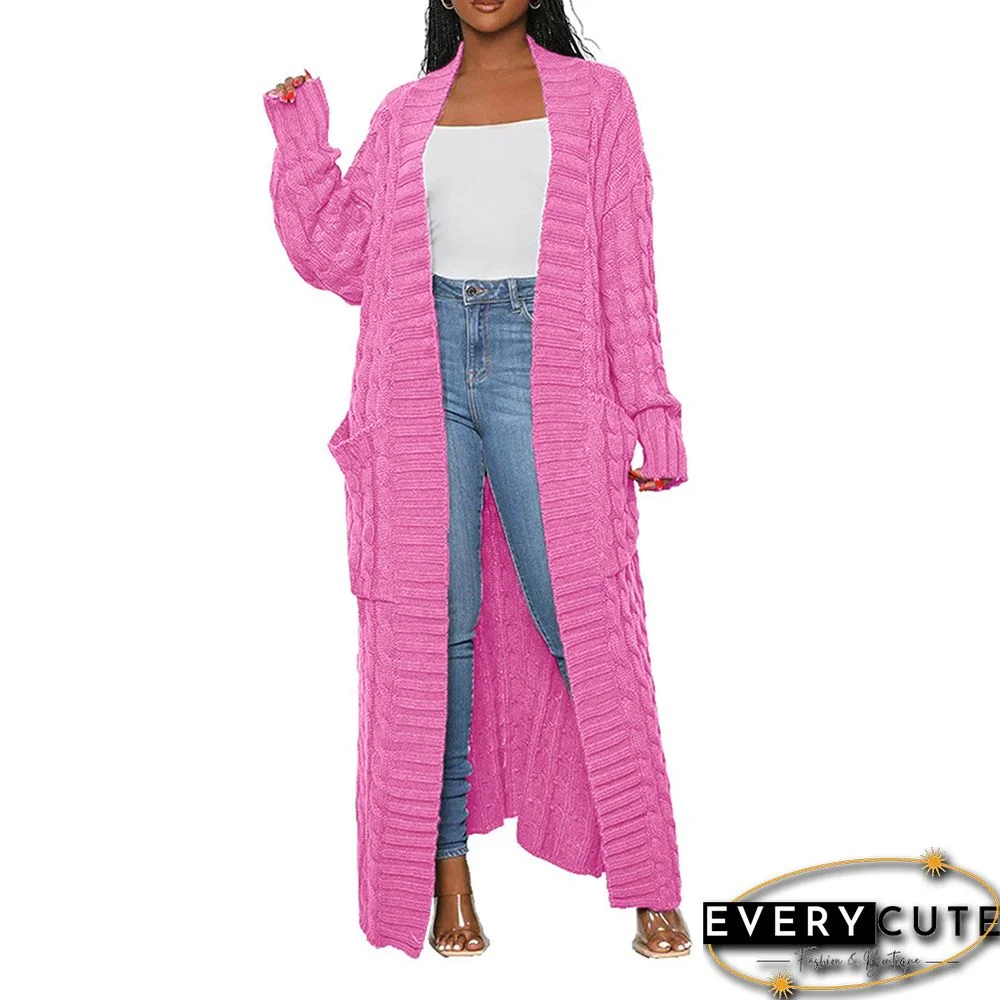 Pink Open Front Cable Knit Pocket Long Cardigan