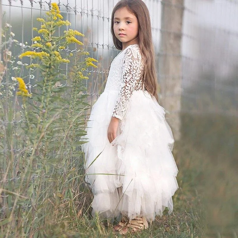 2021 Summer Autumn Girls Princess Dress Lace Party Dress Back Hallow Out Kids Vintage Vestido Flower Children Clothes 3 to 8 yrs