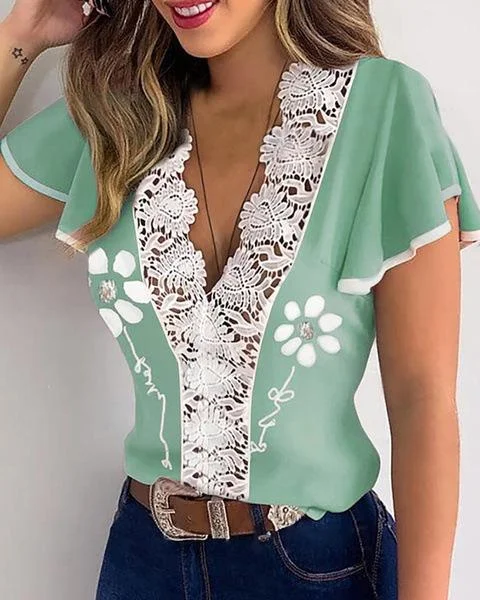 V-neck Lace-trimmed Printed Ruffled Short-sleeved T-shirt-Mayoulove