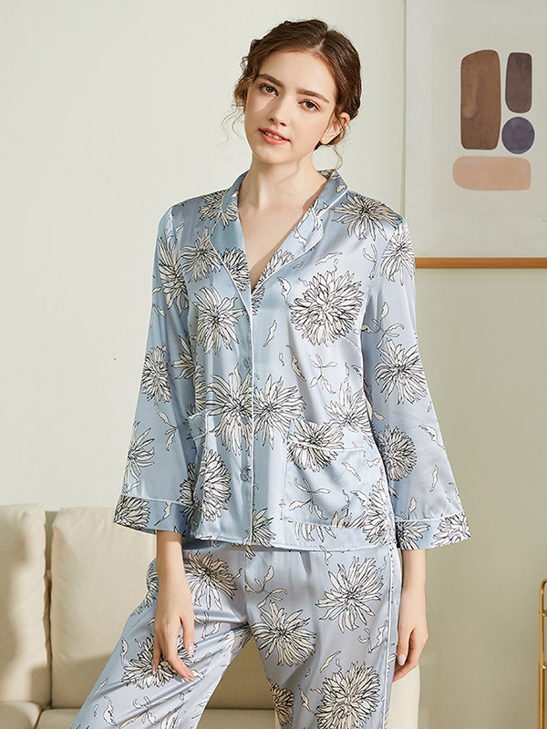 19 MOMME Pyjama en soie d'été printemps à manches longues et imprimé floral gracieux Bleu ciel 1