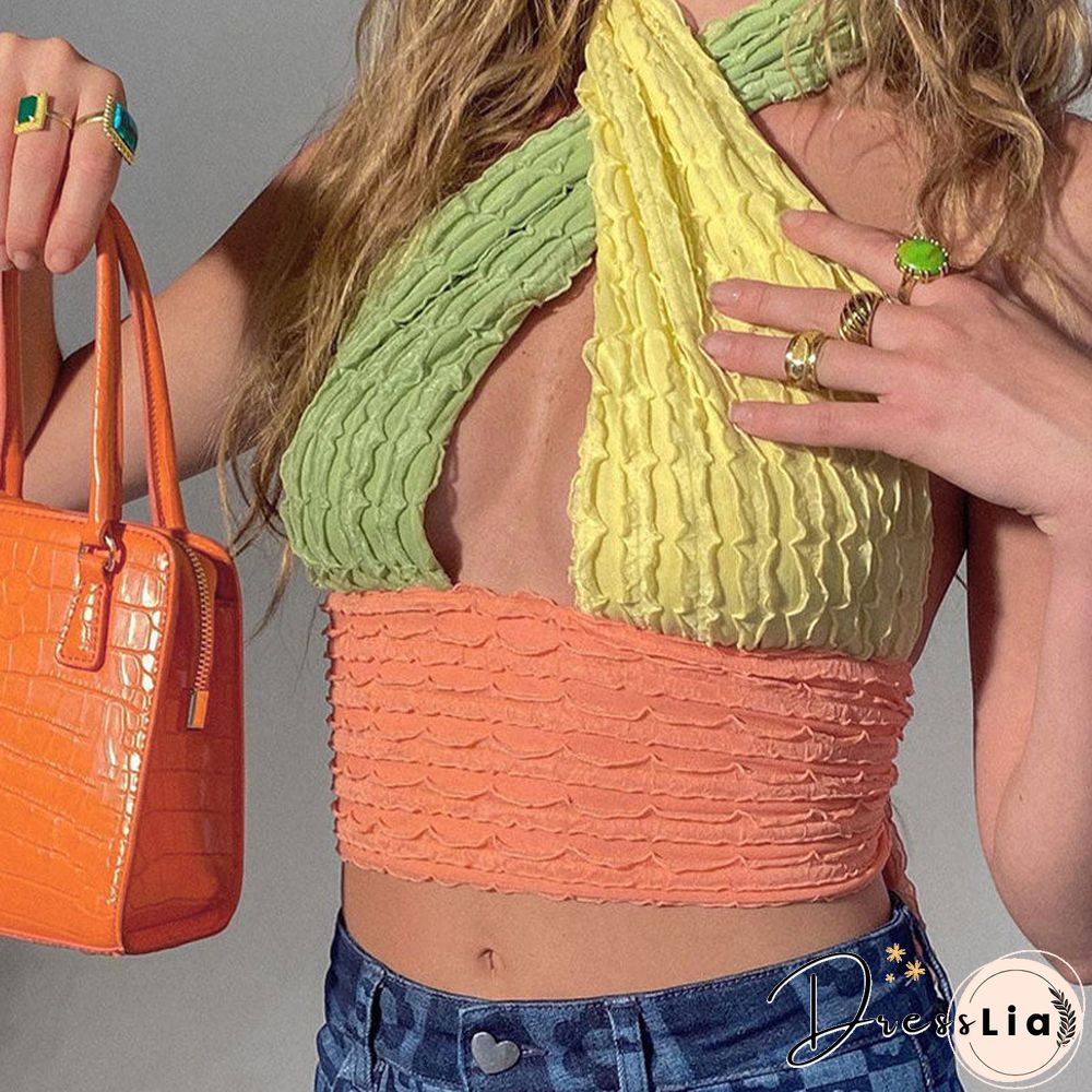 Cotton Patchwork Hollow Out Knit Crop Top Women Halter Neck Summer Sleeveless Backless
