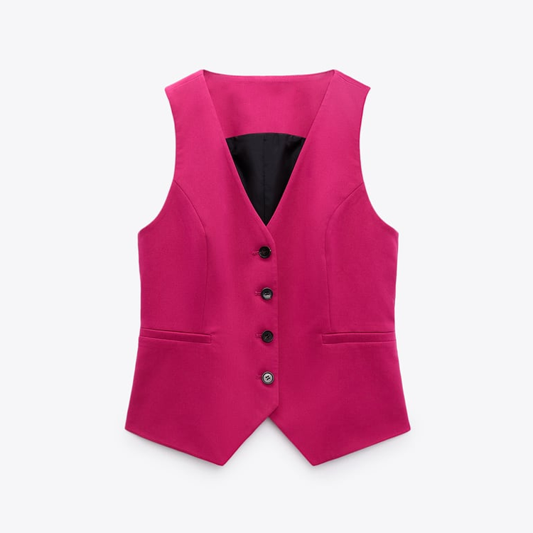 Flaxmaker Fashion V Neck Single Breasted Solid Color Waistcoat Blazer Two Piece Set