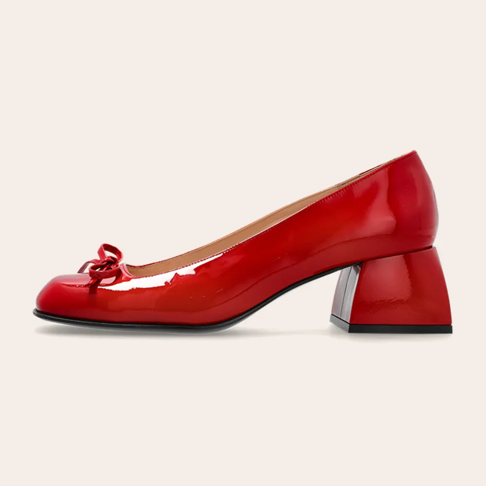 Elegant Patent Leather Square Toe Chunky Heel Red Pumps with Bow