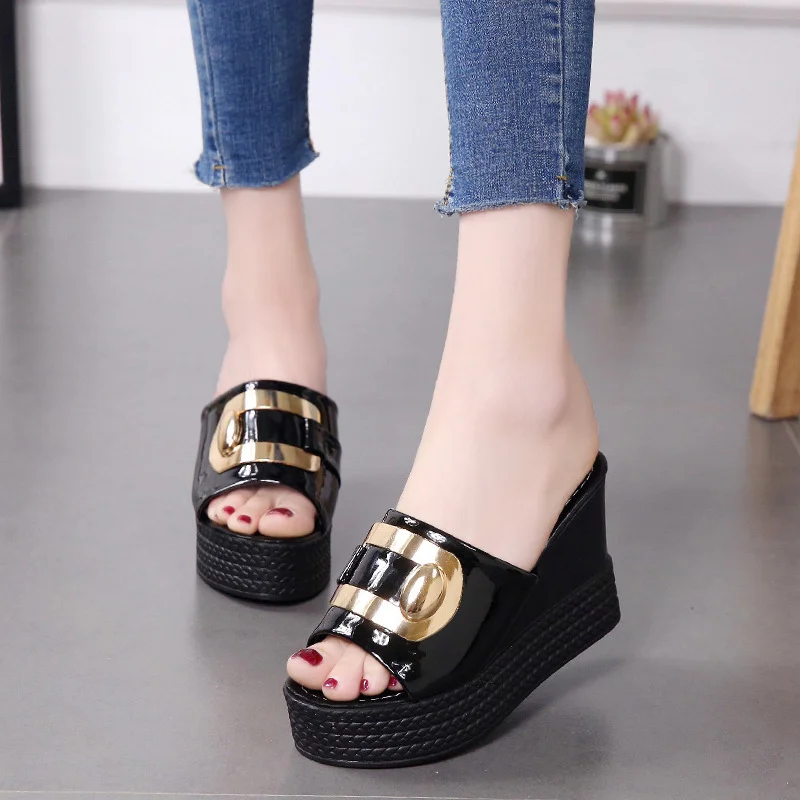 Wongn Wongn Summer New Wedge Sandals Platform Platform Shoes High Heel Fish Mouth Cool Drag A Word Drag Sequins Female Slippers To Wear