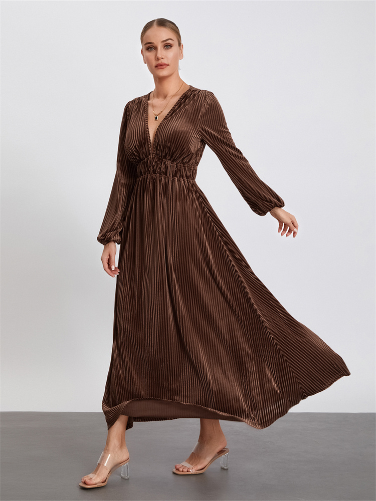 Megamillionnew fancy dress code Women's Vintage Puff Sleeve Long Dress Long Sleeve Deep V Neck Flowy Pleated Dress Spring Fall Casual Sexy Elegant Dresses