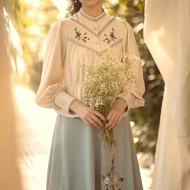 Cottagcore Floral Blouse / A-Line Skirt YP2372