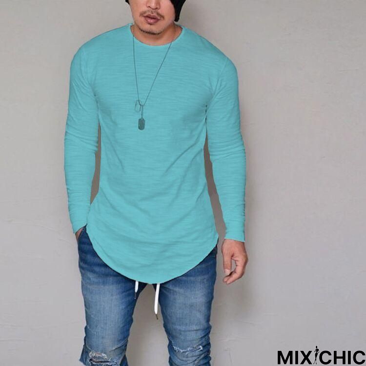 Plus Size Fashion Casual Slim Elastic Soft Solid Long Sleeve Men T Shirts Male Fit Tops Tee