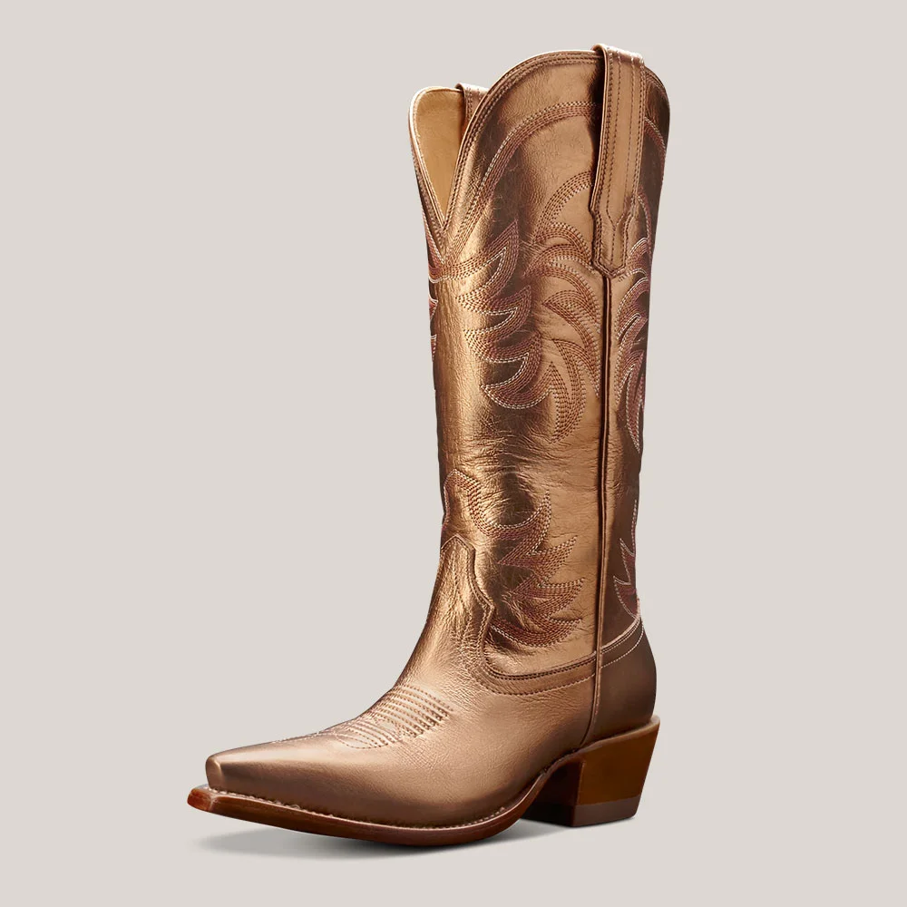 Gold Snip Toe Chunky Heel Pull Tab Western Boots with Embroidered