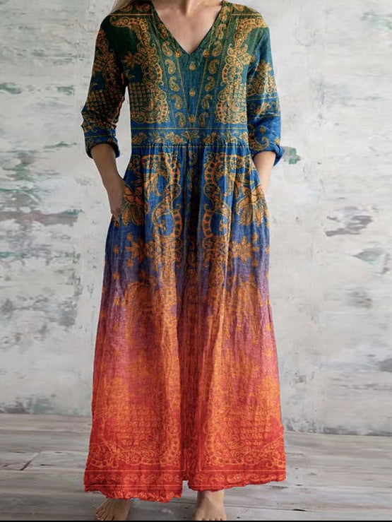 Women's 3/4 Sleeve V-neck Graphic Printed Midi Dress