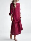 Casual Round Neck Long Sleeve Solid Color Cotton Linen Dress