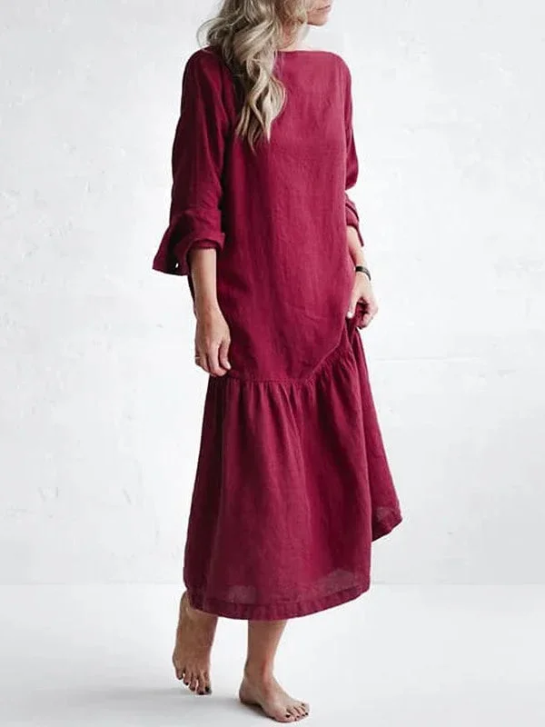 Casual Round Neck Long Sleeve Solid Color Cotton Linen Dress