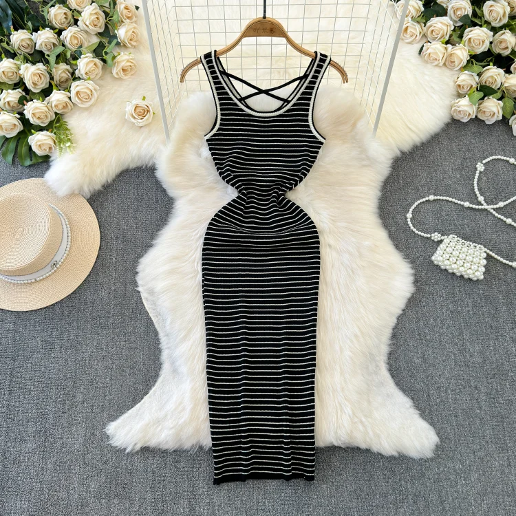 Eslicerpro Bodycon Dress U Collar Striped Stretch Sleeveless Vestidos Female Korean Style Vocation Wrapped Long Dresses Summer Dropshipping