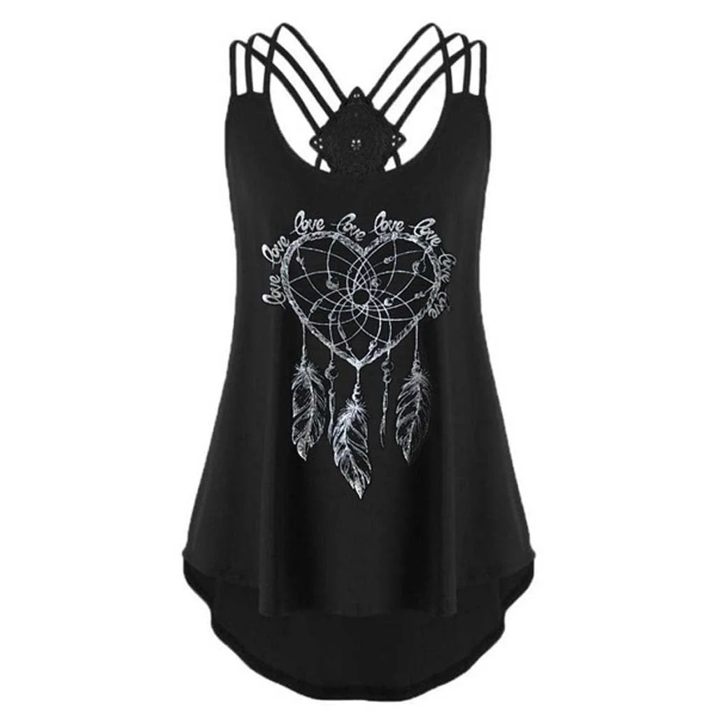 Fashion Love Print Tank Tops Women Lace Tops Strappy tshirt Tunic Tops Casual Summer Ladies Sexy Camis Tops Vest Female Blusas