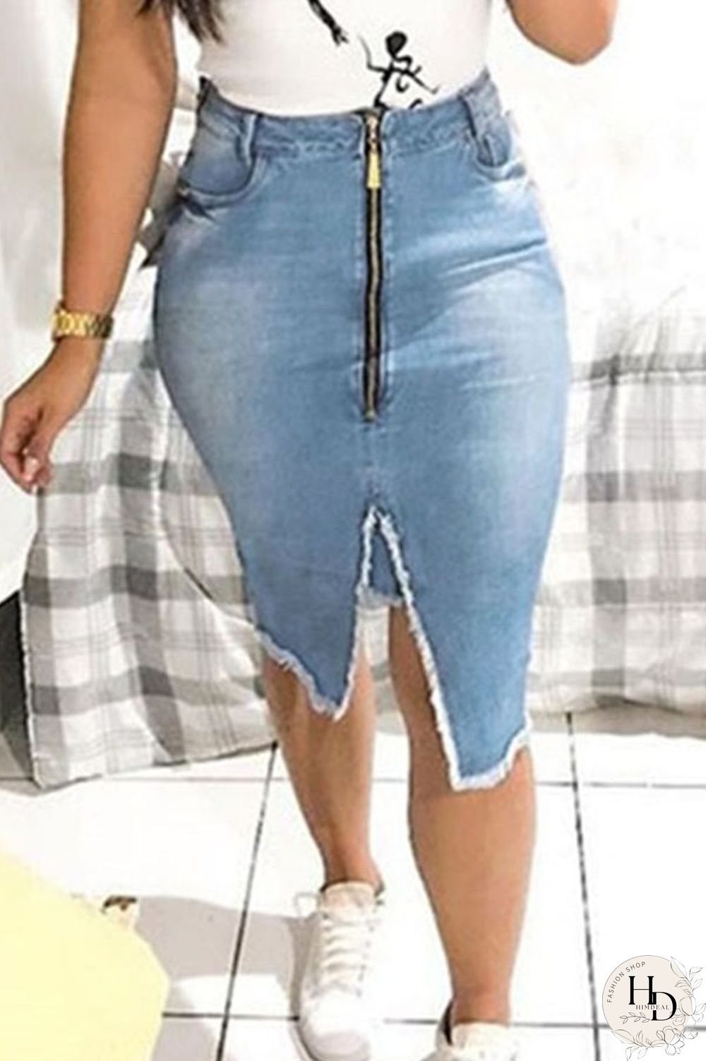 Blue Denim Zipper Fly Mid Solid Tassel Zippered pencil Capris Bottoms