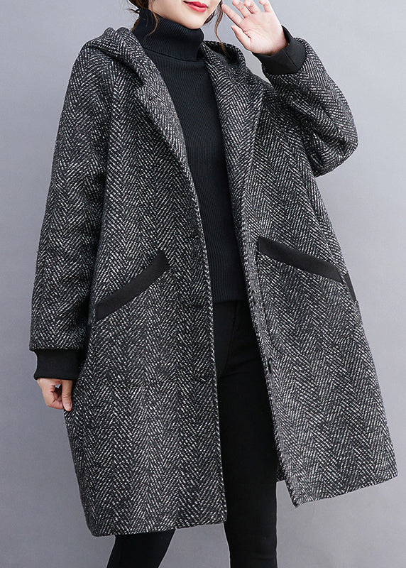VCSHOES Grey Hooded Button Pockets Thick Woolen Coats Winter