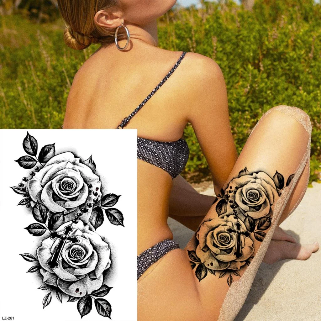 Sdrawing Rose Flower Moon Temporary Tattoos For Women Adult Pendant Peony Lotus Fake Tattoo Calf Thigh Body Art Waterproof Tatoos