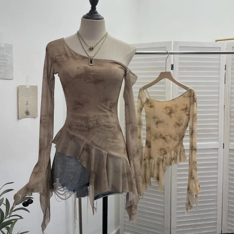 Nigikala Nigikala Tie-Dye-Print Oblique Shoulder Dress Repair Irregular Lotus Horn Long-Sleeved Mesh T-Shirt 9955