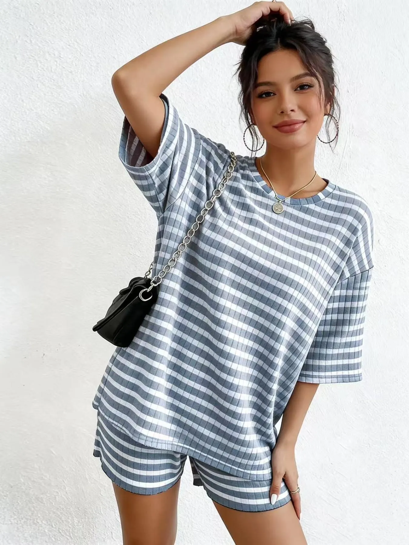 Women's Casual Loose Oversized Striped Set, Summer Short Sleeve Tee & Shorts, Airport Outfit, Home Wear, Sportswear, Fashionable Women's Clothing, Summer Lounge Sets Women's Casual Loose Oversized Striped Set, Summer Short Sleeve Tee & Shorts, Airport Outfit, Home Wear, Sportswear, Fashionable Women's Clothing, Summer Lounge Sets