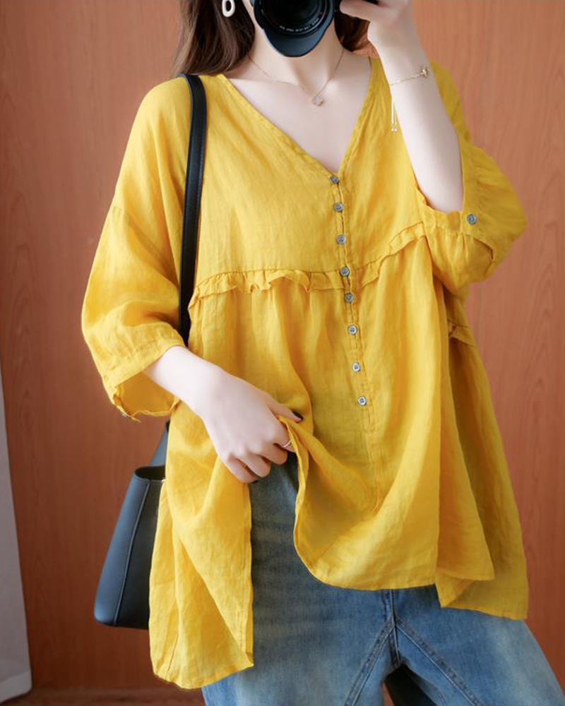 Ruffled Detail V Neck Row Of Buttons Half Sleeve Linen Top