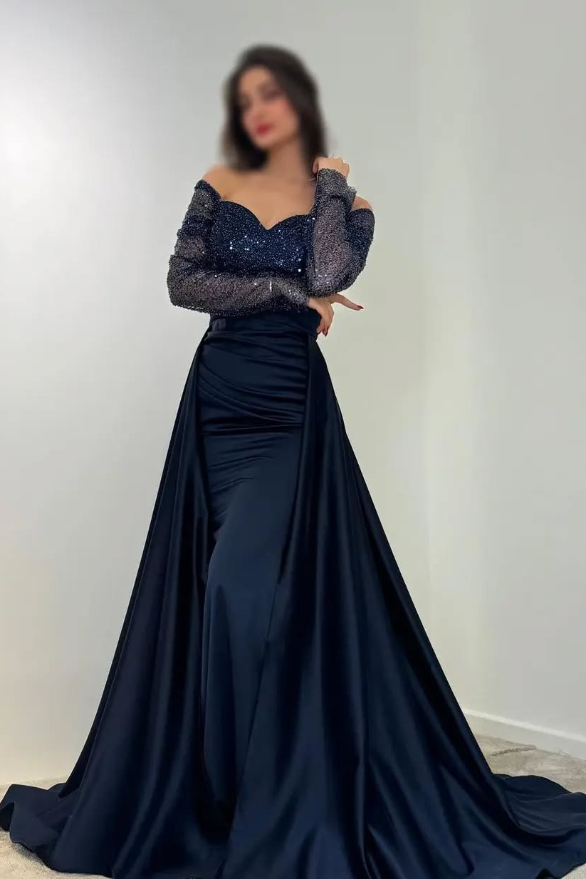 Lvs&Broner Off the Shoulder Long Sleeves Long Prom Dress With Sequins Pleated 