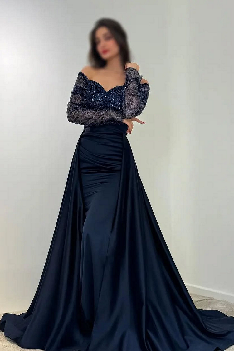 Hellodresses Off the Shoulder Long Sleeves Long Prom Dress With Sequins Pleated 