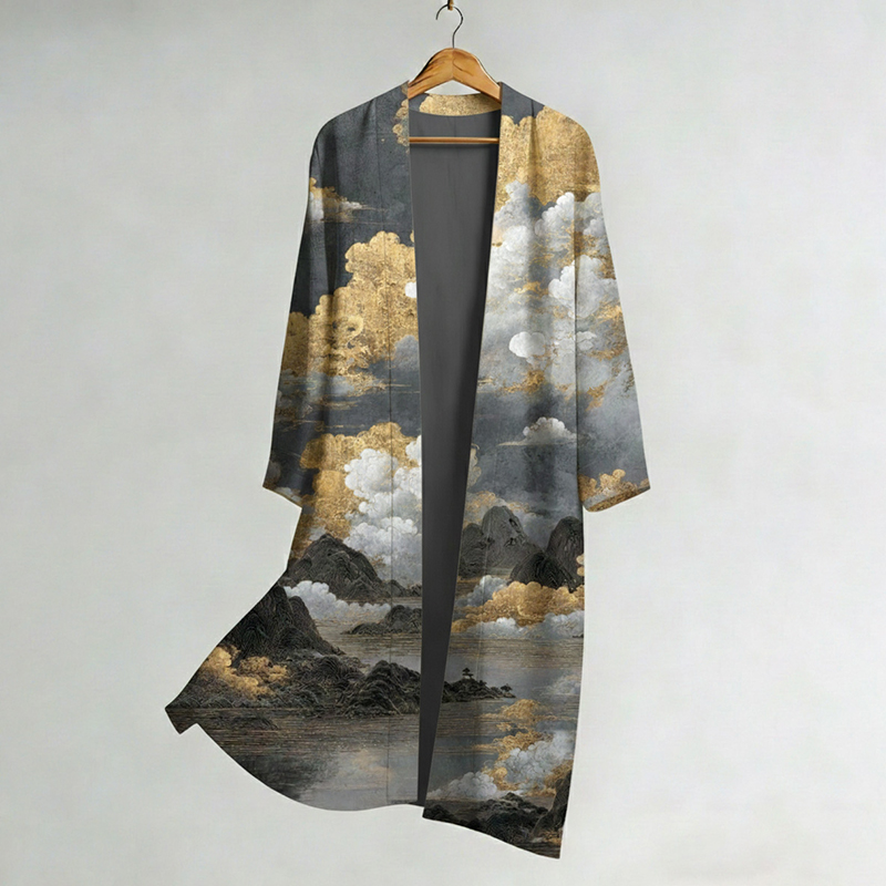 Men's Retro Japanese Landscape Print Linen Long Kimono  artssus
