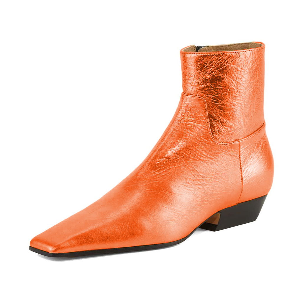 Orange Vegan Leather Square Toe Chunky Heel Ankle Boots with Zipper Nicepairs
