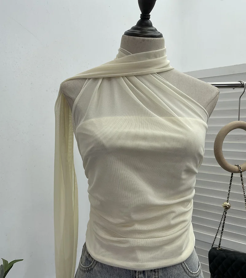 Churchf Real Shooting Mesh Ribbon Hanging Neck Folded Sleeveless Top Babes Two-Wearing Design Wrapping Bras 1125