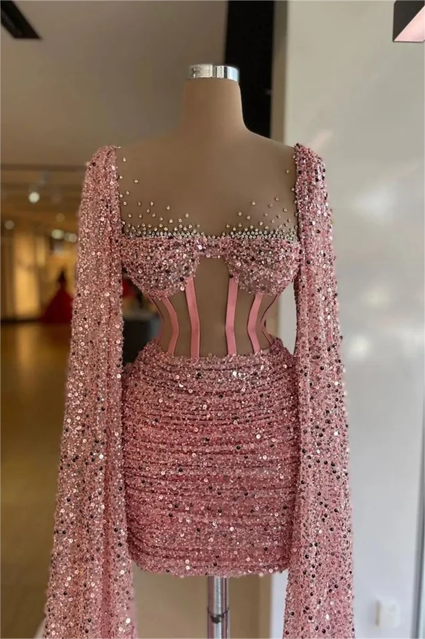 Hellodresses Sequins Square Long Sleeves Pleated Short Homecoming Dress With Beadings