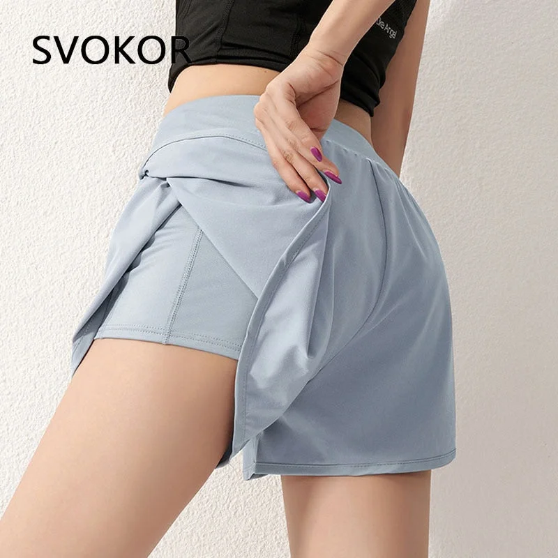 SVOKOR Fitness Pockets Shorts Sport Women High Waist Letter Printed Gym Running Shorts Athletic Workout Bottoms Double Layer