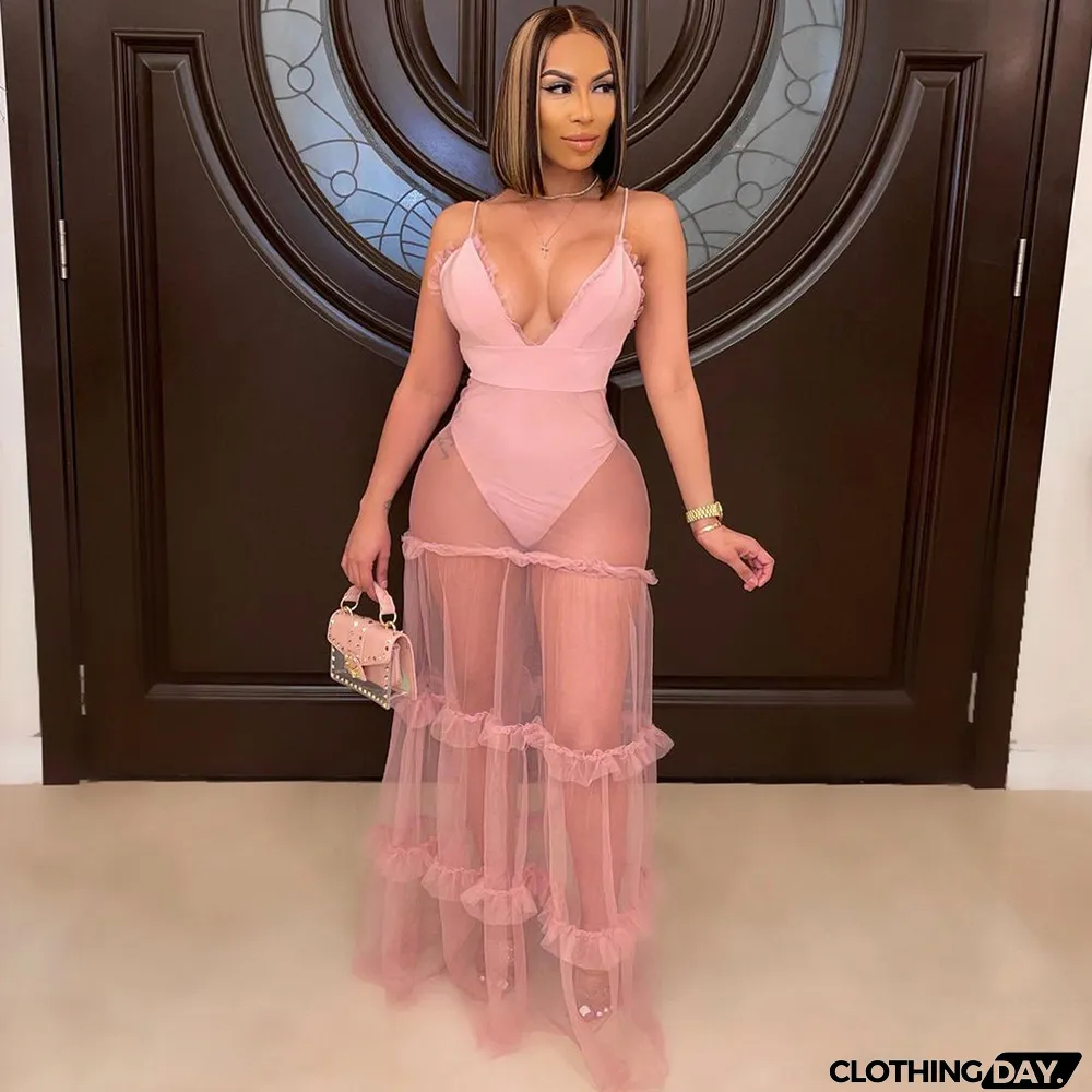 V-neck Solid Color Suspender Dress With Mesh Stitching Wood Ears